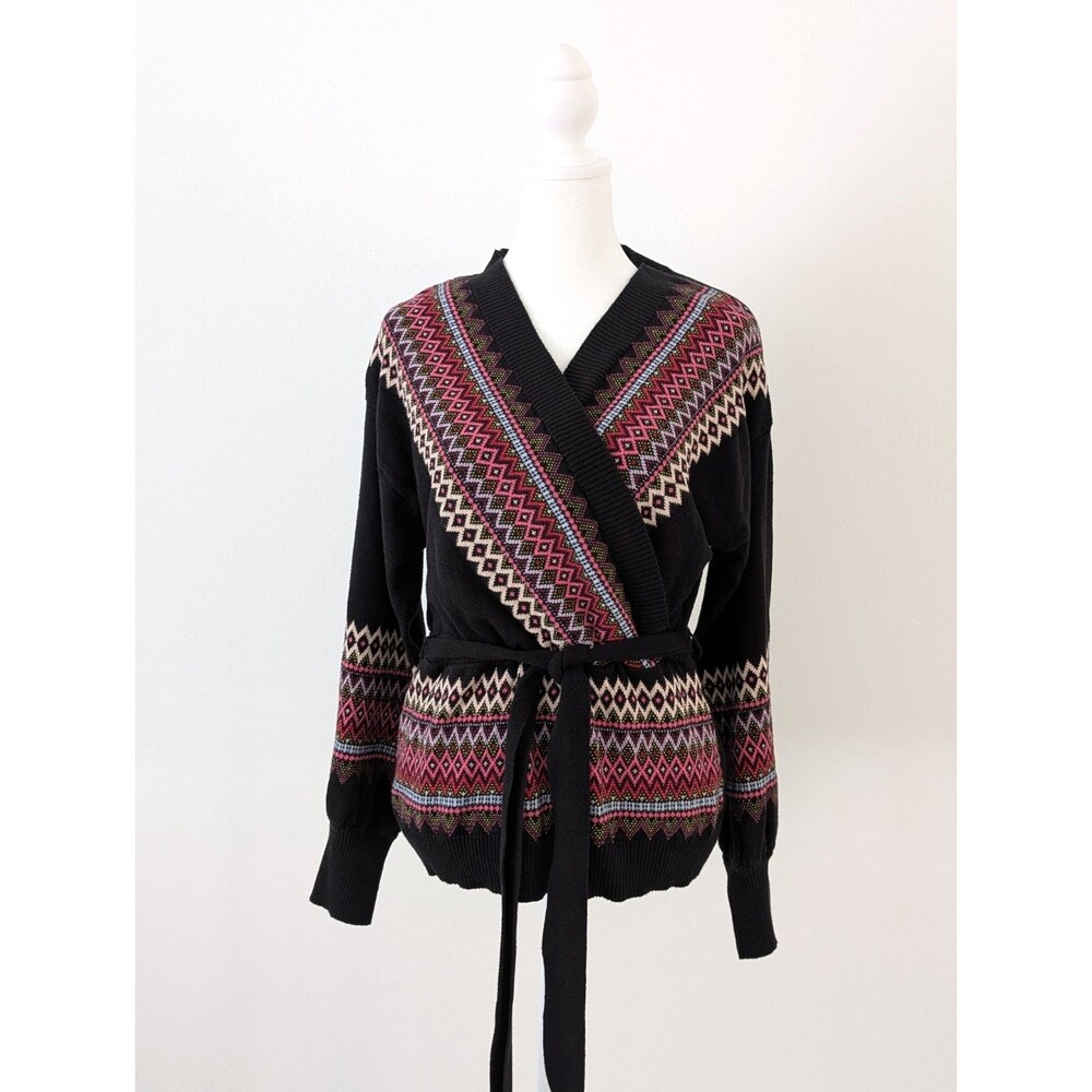 New York & Comp Sweater Women L Black Geometric Colorful Pattern Knit Belted